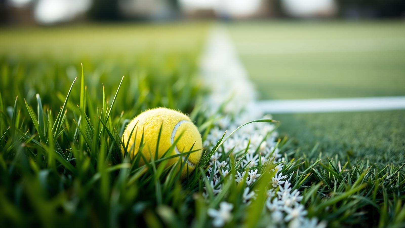 A tennis ball in the grass at the edge of a court